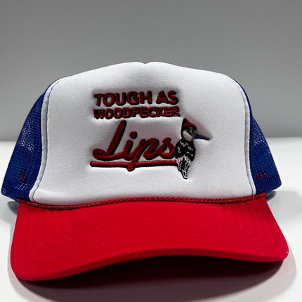 Tough as Woodpecker’s Lips Red White Blue Mesh Trucker Snapback Hat Cap Collab Justin Stagner Southern Grandpa Custom Embroidered