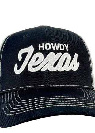 Howdy Texas on a Black White Mesh SnapBack Hat Cap Custom Embroidered