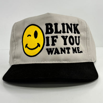 Blink if you want me on a tan crown black brim Strapback hat cap collab rowdy Roger custom embroidery