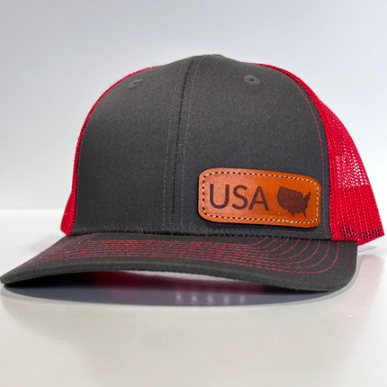 USA Genuine Leather Patch Sewn on Patch SnapBack Hat Cap by The Leather Head Hat Co