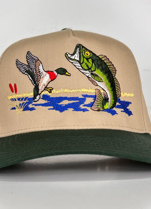 BASS FISHING & Mallard Duck Tan Trucker SnapBack Cap Hat Hunting Custom Embroidered