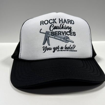 ROCK HARD CAULKING SERVICES Funny Black Mesh Trucker SnapBack Cap Hat Custom Printed