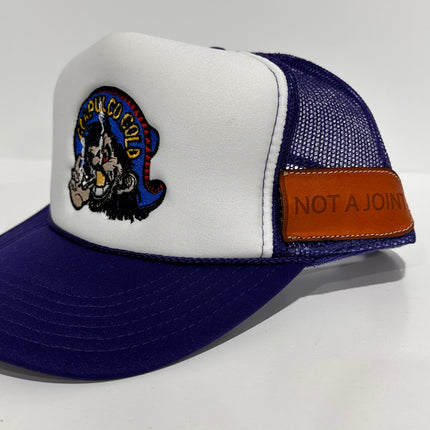 ACAPULCO GOLD With Sewed on Leather Pocket Purple Mesh Trucker