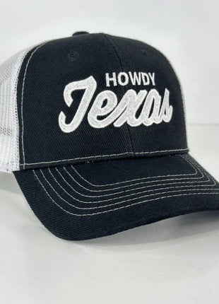 Howdy Texas on a Black White Mesh SnapBack Hat Cap Custom Embroidered