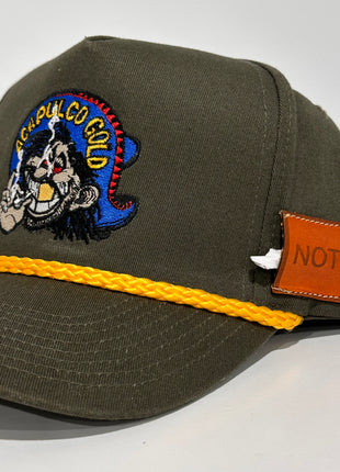 ACAPULCO GOLD With Sewed on Side Leather Pocket Army Green Rope Tall Crown Mesh Back Trucker SnapBack Cap Hat Custom Embroidered