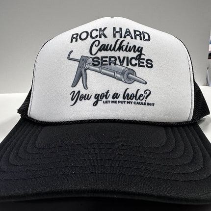 ROCK HARD CAULKING SERVICES Funny Black Mesh Trucker SnapBack Cap Hat Custom Printed
