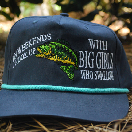 ON WEEKENDS I HOOK UP WITH BIG GIRLS WHO SWALLOW Funny Fishing Navy SnapBack Teal Rope Golf Hat Cap Custom Embroidered