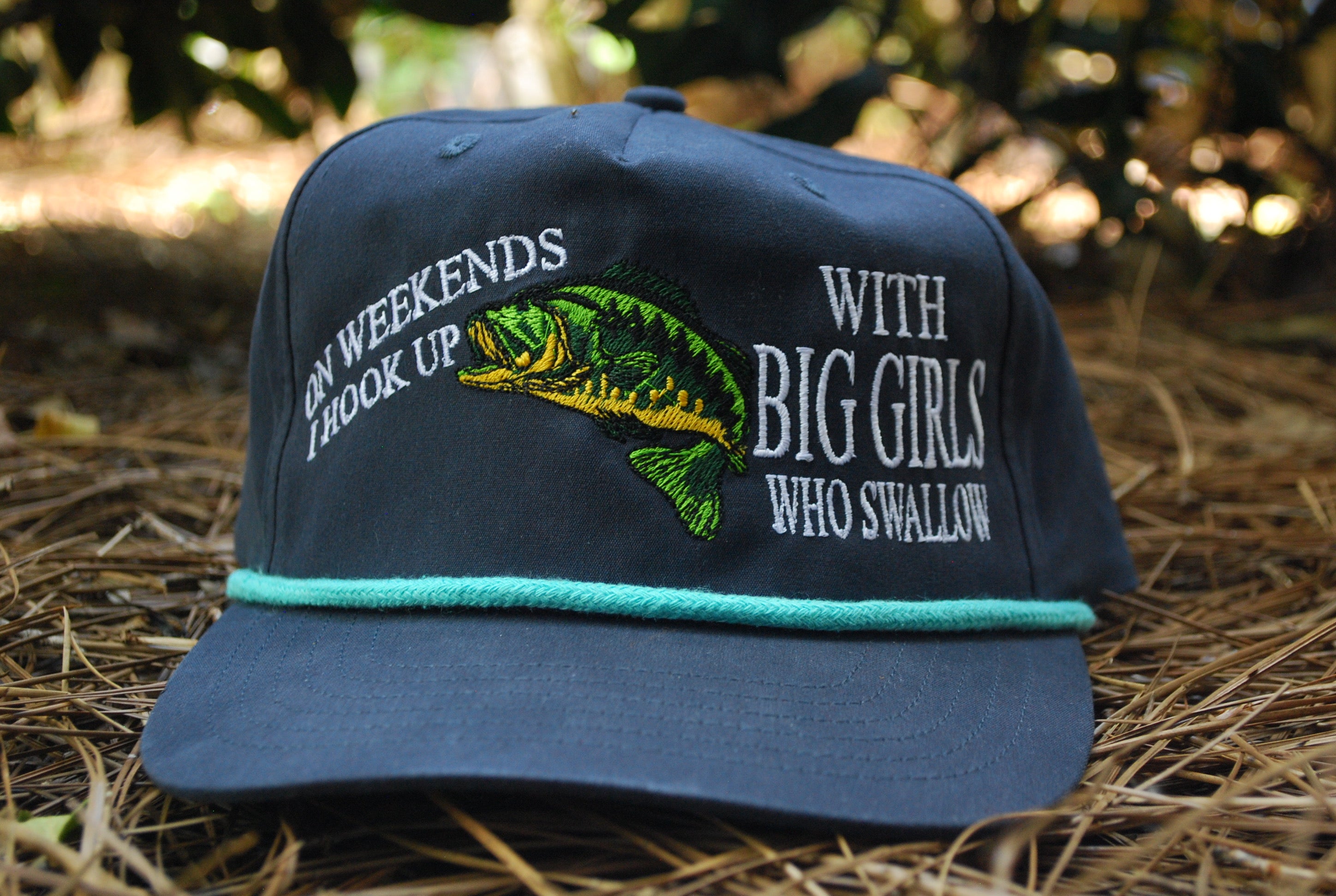 ON WEEKENDS I HOOK UP WITH BIG GIRLS WHO SWALLOW Funny Fishing Navy  SnapBack Teal Rope Golf Hat Cap Custom Embroidered