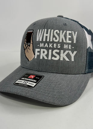 WHISKEY MAKES ME FRISKY RICHARDSON 112 Trucker Cap American Flag Mesh Adjustable SnapBack Cap Hat Custom Embroidered Collab Rowdy Roger