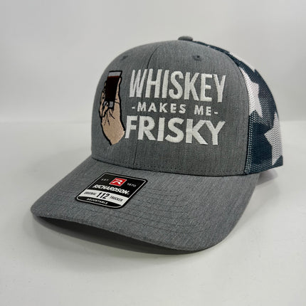 WHISKEY MAKES ME FRISKY RICHARDSON 112 Trucker Cap American Flag Mesh Adjustable SnapBack Cap Hat Custom Embroidered Collab Rowdy Roger