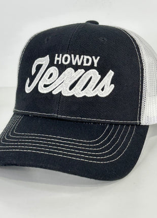 Howdy Texas on a Black White Mesh SnapBack Hat Cap Custom Embroidered