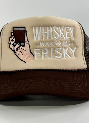 WHISKEY MAKES ME FRISKY Brown Foam  Mesh Adjustable SnapBack Trucker Cap Hat Custom Embroidered Collab Rowdy Roger