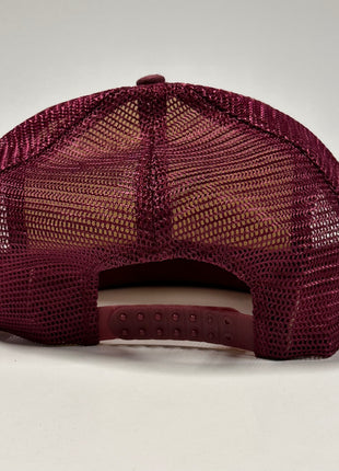 NOT MY FIRST RODEO on a 90s Vintage Flat Brim Maroon Mesh Trucker SnapBack Cap Hat Custom Printed