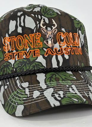 STONE COLD Hunting on a Vintage GREEN CAMO Rope SNAPBACK CAP Deer HAT CUSTOM EMBROIDERED