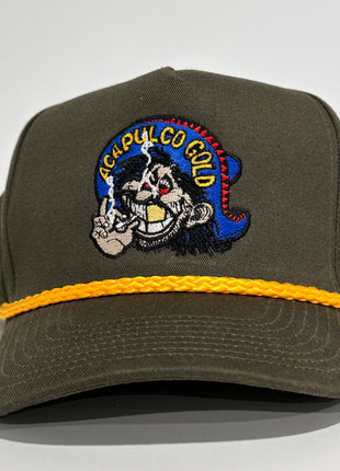 ACAPULCO GOLD With Sewed on Side Leather Pocket Army Green Rope Tall Crown Mesh Back Trucker SnapBack Cap Hat Custom Embroidered
