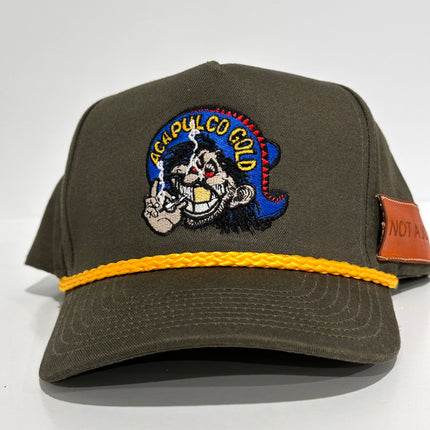 ACAPULCO GOLD With Sewed on Side Leather Pocket Army Green Rope Tall Crown Mesh Back Trucker SnapBack Cap Hat Custom Embroidered