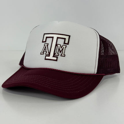 Custom Texas A&M Patch on a Maroon Mesh Trucker SnapBack Hat Cap