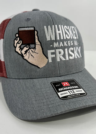 WHISKEY MAKES ME FRISKY RICHARDSON 112 Trucker Cap American Flag Mesh Adjustable SnapBack Cap Hat Custom Embroidered Collab Rowdy Roger