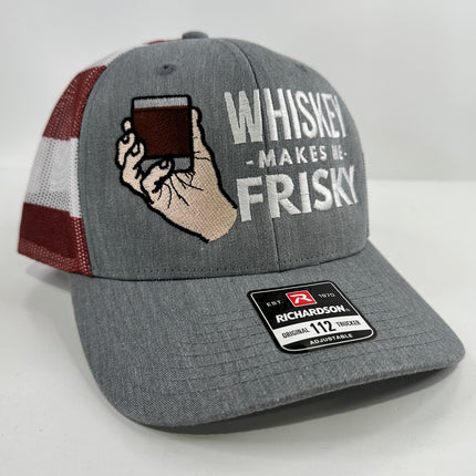 WHISKEY MAKES ME FRISKY RICHARDSON 112 Trucker Cap American Flag Mesh Adjustable SnapBack Cap Hat Custom Embroidered Collab Rowdy Roger