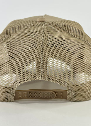 Mallard embroidered on a tan mesh trucker SnapBack hat cap custom embroidery