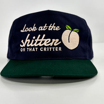 Look at that shitter on that critter on a blue crown green brim Strapback hat cap collab Justin Stagner custom embroidery