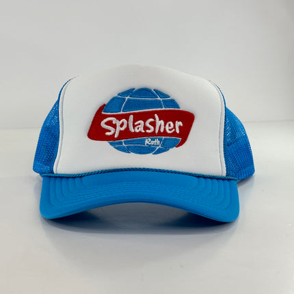 Splasher Roth on a Blue Mesh Trucker SnapBack Hat Cap Collab Splasher Roth Custom Embroidery