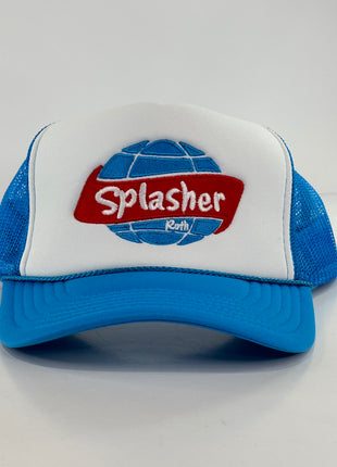 Splasher Roth on a Blue Mesh Trucker SnapBack Hat Cap Collab Splasher Roth Custom Embroidery