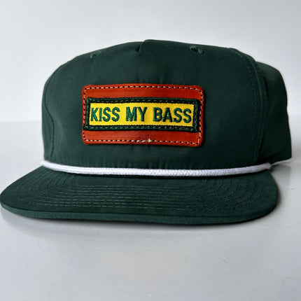 Custom KISS MY BASS Sewed on Leather Patch Green SnapBack Rope Golf Hat Cap