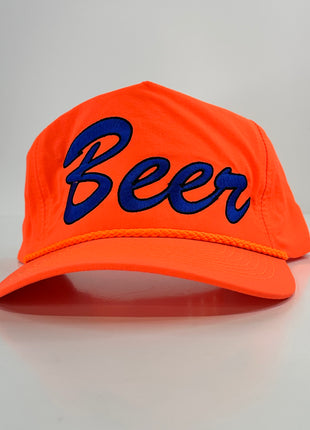 Beer on a neon orange SnapBack hat cap with rope Collab rowdy Roger custom embroidery