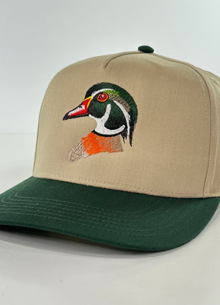 WOOD Duck on a tan crown green brim SnapBack Hat Cap Custom Embroidered