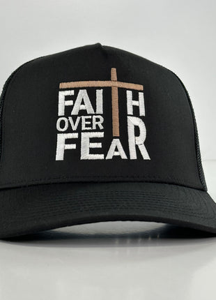 FAITH OVER FEAR BLACK MESH SNAPBACK TRUCKER CAP HAT CUSTOM EMBROIDERED