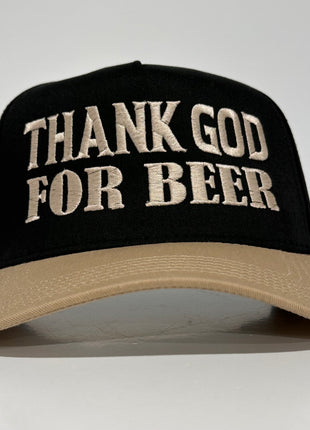 Thank God For Beer on a black crown khaki brim SnapBack Hat Cap Custom Embroidery Rowdy Roger Collab
