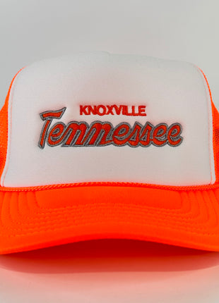 Knoxville Tennessee on an orange mesh trucker SnapBack Hat Cap Custom Embroidered