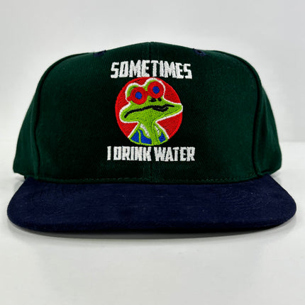 Sometimes I drink Water on a green crown navy brim Strapback hat cap collab potent frog custom embroidery