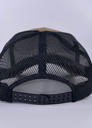 Juggernaut Outdoors Custom Embroidered tan and black mesh trucker SnapBack