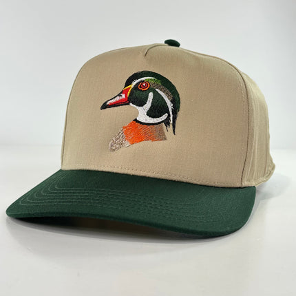 WOOD Duck on a tan crown green brim SnapBack Hat Cap Custom Embroidered