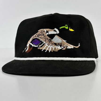 Mallard Duck White Rope Black SnapBack Cap Hat Custom Embroidered