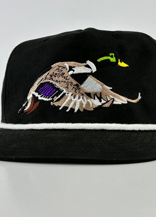 Mallard Duck White Rope Black SnapBack Cap Hat Custom Embroidered