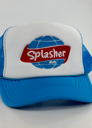 Splasher Roth on a Blue Mesh Trucker SnapBack Hat Cap Collab Splasher Roth Custom Embroidery