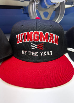 Wingman of the year on a black crown red brim SnapBack Hat Cap Collab Wingman of the year Wotyofficial Custom Embroidery