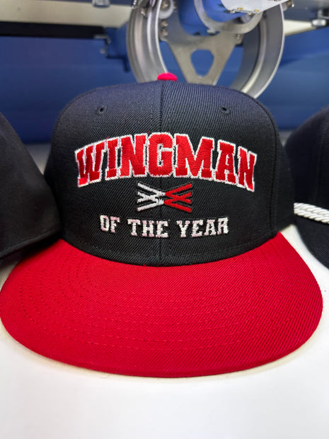 Wingman of the year on a black crown red brim SnapBack Hat Cap Collab Wingman of the year Wotyofficial Custom Embroidery