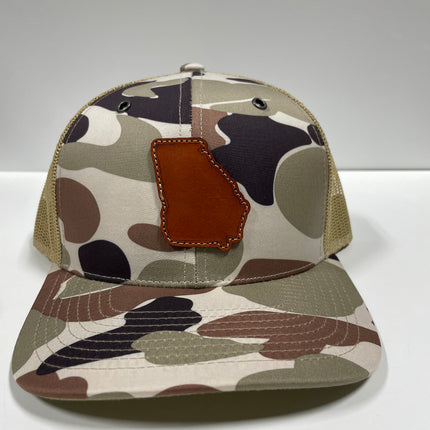 Leather head hat co state of Georgia genuine leather sewn on a Camo mesh trucker SnapBack hat cap
