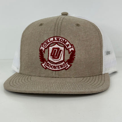 Custom Oklahoma Sooners Patch on a tan and white Mesh SnapBack Hat Cap