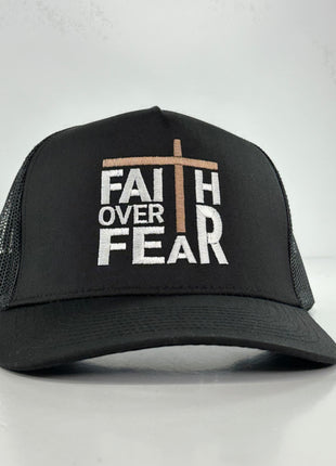 FAITH OVER FEAR BLACK MESH SNAPBACK TRUCKER CAP HAT CUSTOM EMBROIDERED