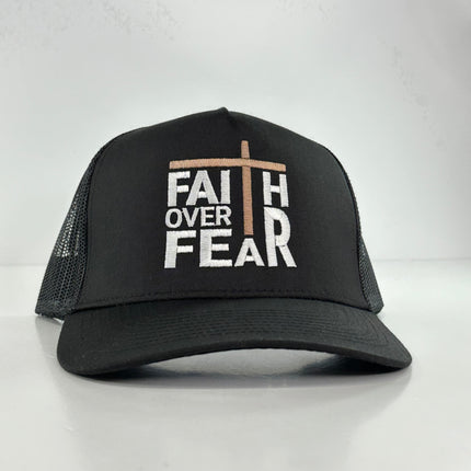 FAITH OVER FEAR BLACK MESH SNAPBACK TRUCKER CAP HAT CUSTOM EMBROIDERED