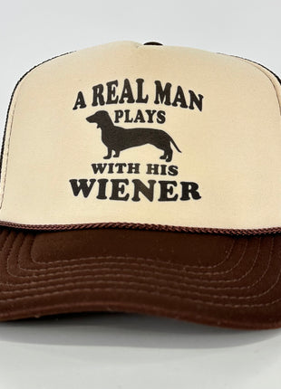 A real man plays with his wiener on a brown mesh trucker SnapBack Hat Cap Custom Printed