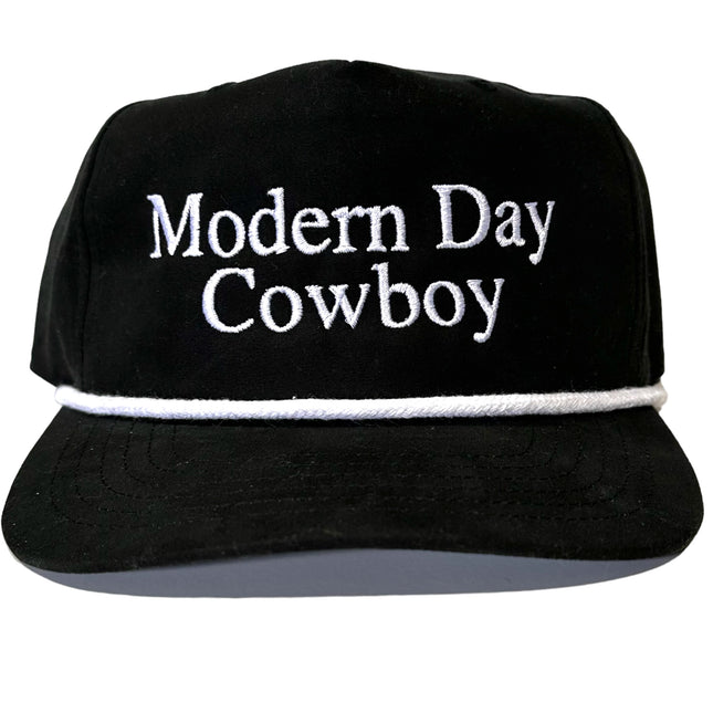 Modern Day Cowboy White Rope Black SnapBack Cap Hat Custom Embroidered