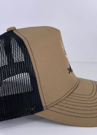 Juggernaut Outdoors Custom Embroidered tan and black mesh trucker SnapBack