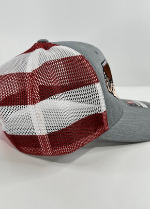 WHISKEY MAKES ME FRISKY RICHARDSON 112 Trucker Cap American Flag Mesh Adjustable SnapBack Cap Hat Custom Embroidered Collab Rowdy Roger