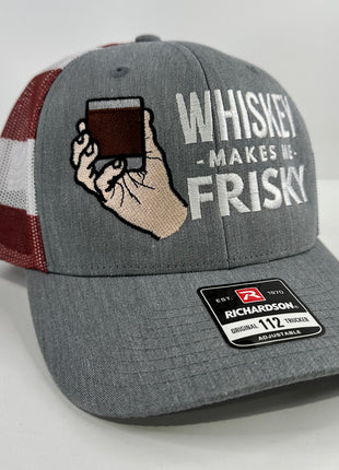 WHISKEY MAKES ME FRISKY RICHARDSON 112 Trucker Cap American Flag Mesh Adjustable SnapBack Cap Hat Custom Embroidered Collab Rowdy Roger